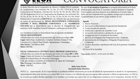 Convocatoria Siguatepeque, Comayagua y Mall Premier Comayagua